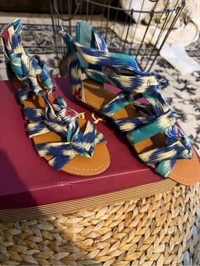 BAMBOO Blue Teal Multi-Striped Knot Gladiator Sandals